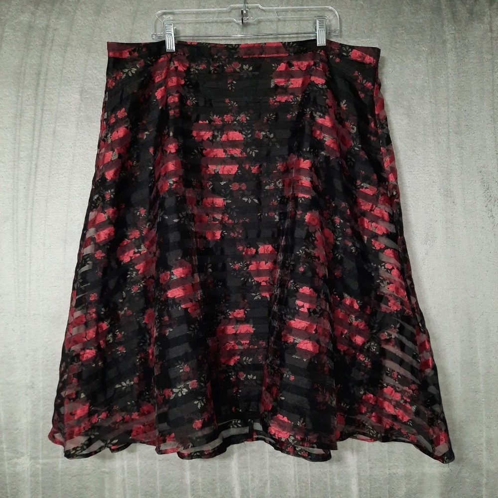 Torrid Midi Skirt‎ Black Red Floral Sheer Overlay 18 Whimsigoth Dark Coquette
